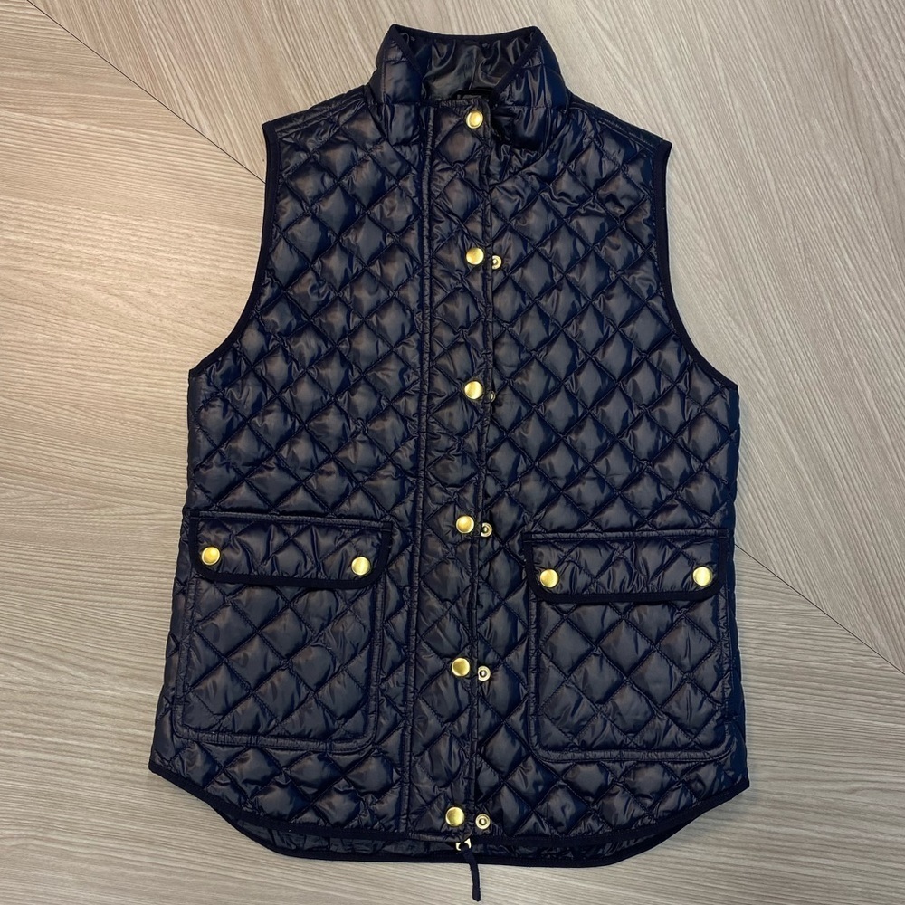 J. Crew Navy Quilted Vest with Gold Accents